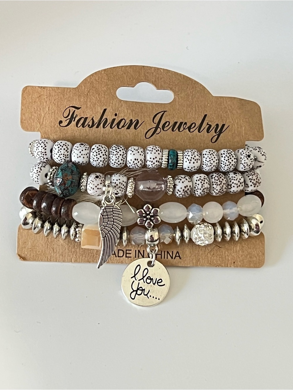 Stacked Beaded Charm Bracelet Set - White, Brown & Silver